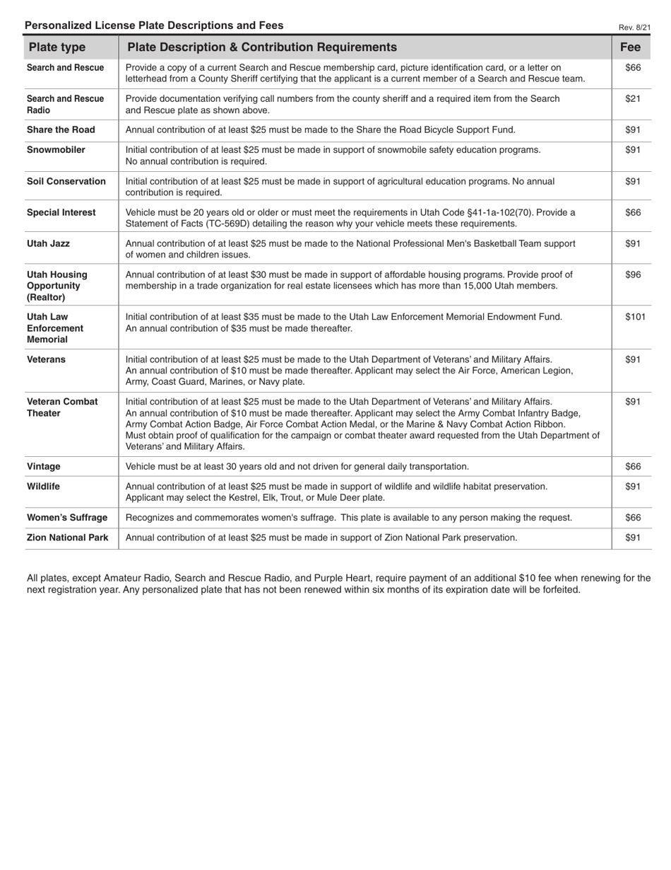 Form TC-817 Application for Personalized Plates and Replacement of Existing Personalized Plates - Utah, Page 3
