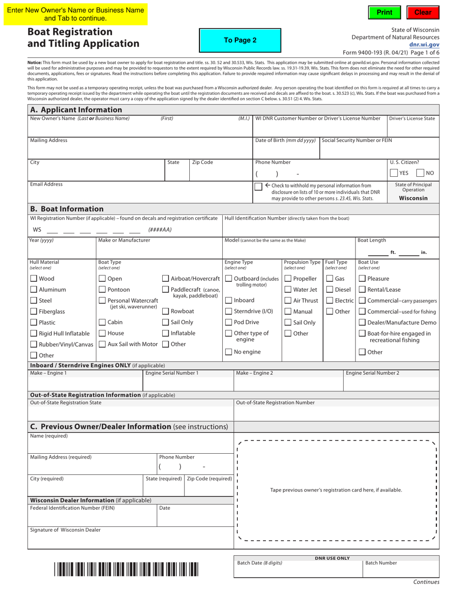 Form 9400-193 Boat Registration and Titling Application - Wisconsin, Page 1