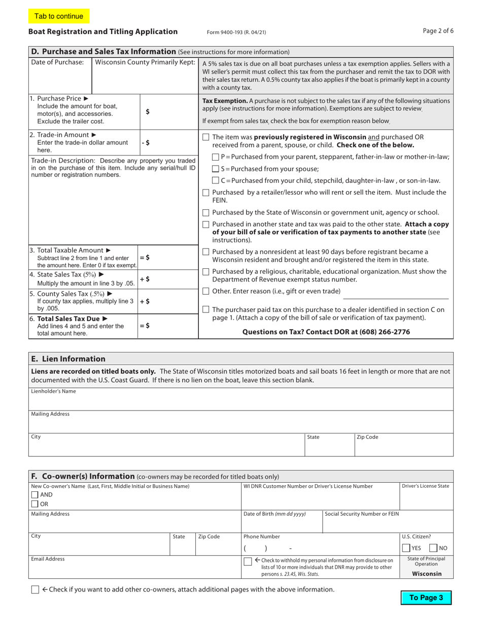 Form 9400-193 Download Fillable PDF or Fill Online Boat Registration ...