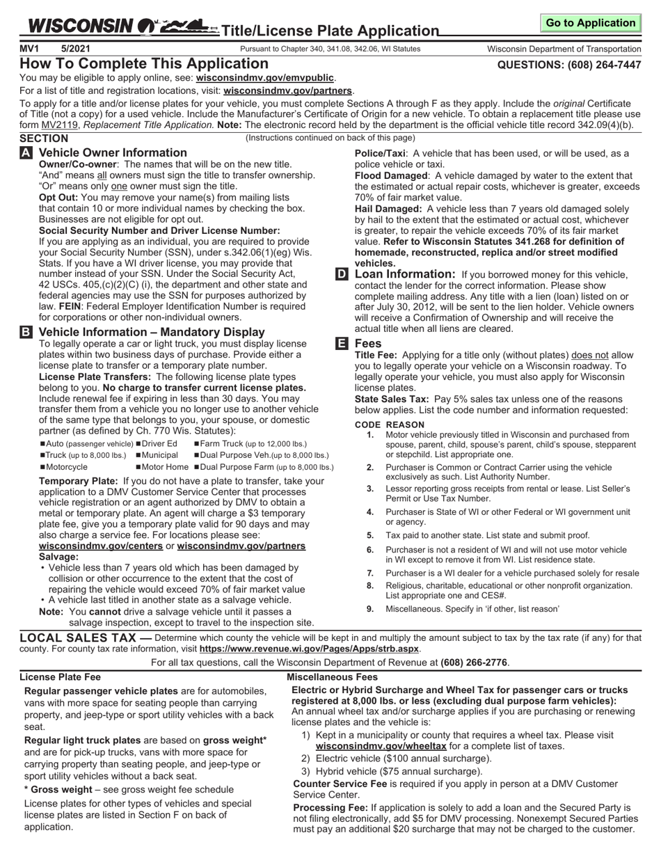 Form MV1 Wisconsin Title  License Plate Application - Wisconsin, Page 1