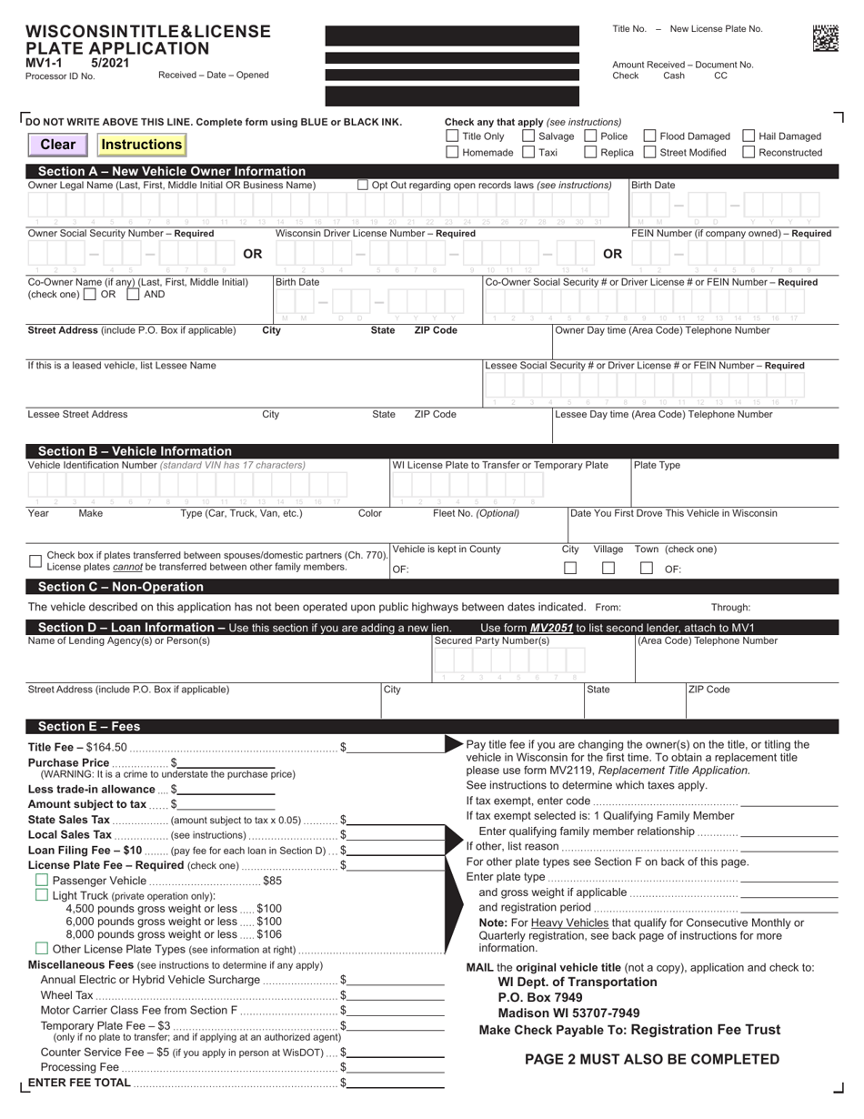 Form MV1 Wisconsin Title  License Plate Application - Wisconsin, Page 3