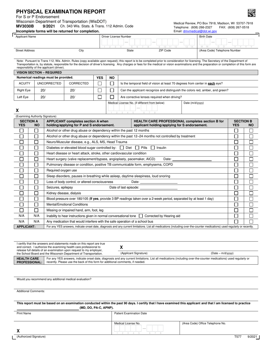 Form MV3030B Physical Examination Report for S or P Endorsement - Wisconsin, Page 1