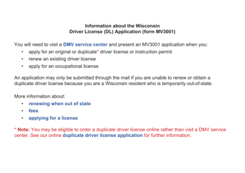 Document preview: Form MV3001 Wisconsin Driver License (Dl) Application - Wisconsin