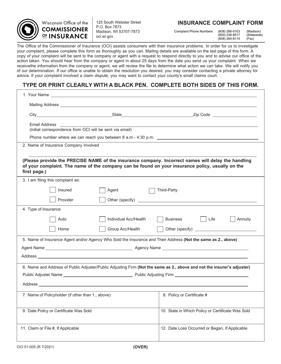 Form OCI51-005 Insurance Complaint Form - Wisconsin, Page 1