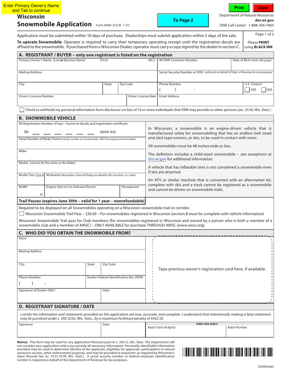 Form 9400-210 Wisconsin Snowmobile Application - Wisconsin, Page 1