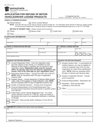 Form MV-700 Application for Refund of(motor Vehicle/Driver License Products - Pennsylvania