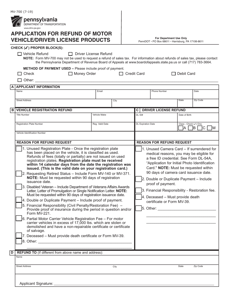 Form MV-700 Application for Refund of(motor Vehicle / Driver License Products - Pennsylvania, Page 1