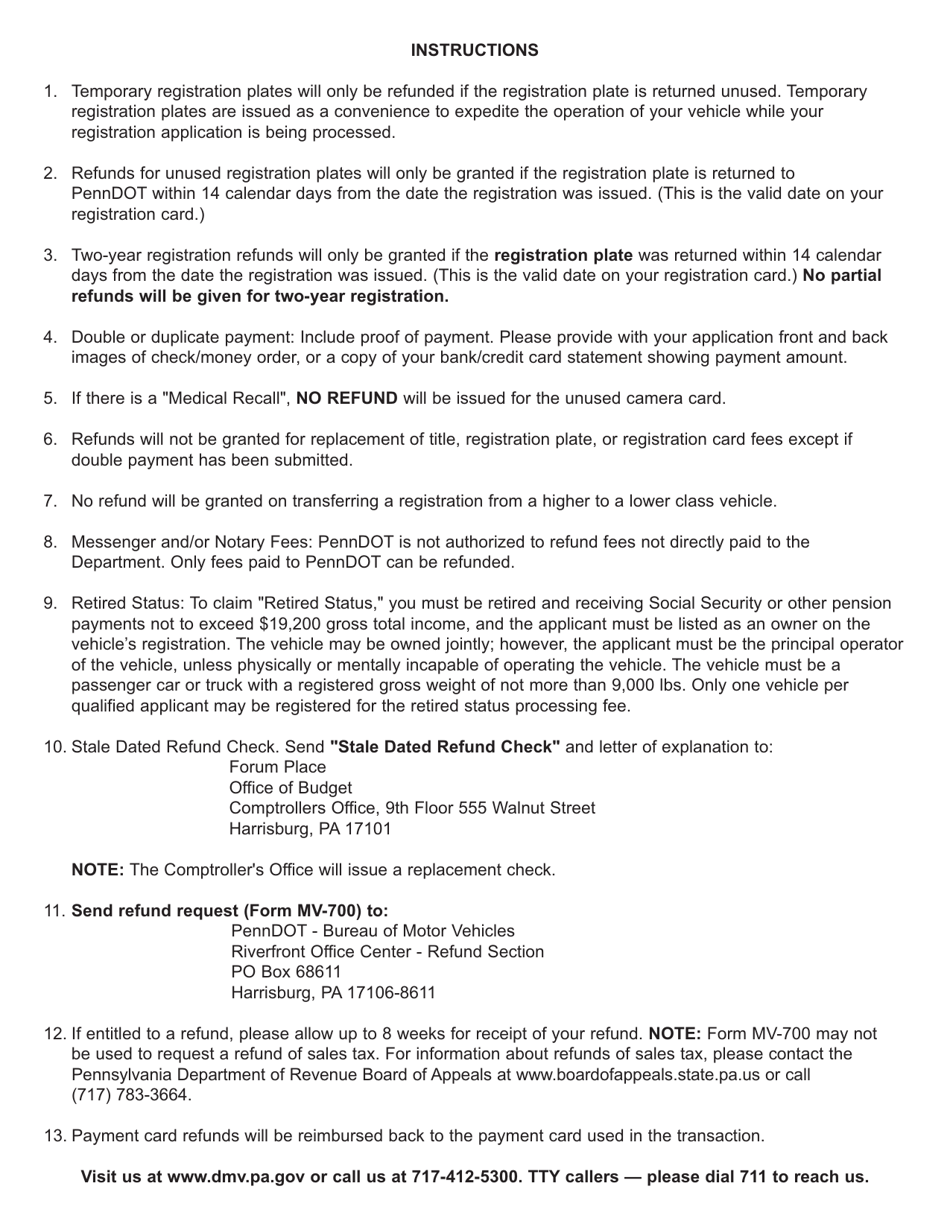 Form MV-700 Application for Refund of(motor Vehicle / Driver License Products - Pennsylvania, Page 2