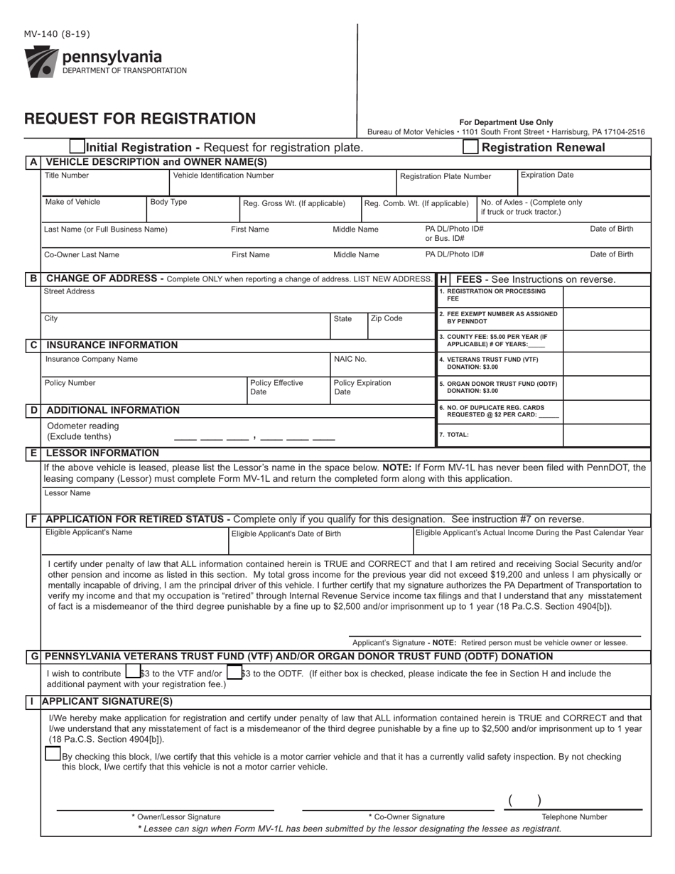 Form MV-140 Request for Registration - Pennsylvania, Page 1