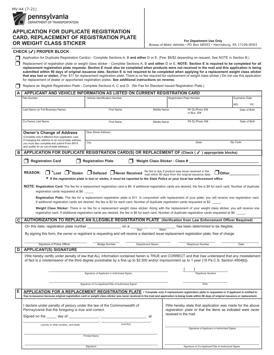 Form MV-44 Application for Duplicate Registration Card, Replacement of Registration Plate or Weight Class Sticker - Pennsylvania, Page 1