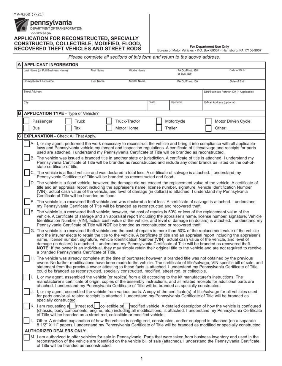 Form MV-426B Application for Reconstructed, Specially Constructed, Collectible, Modified, Flood, Recovered Theft Vehicles and Street Rods - Pennsylvania, Page 1