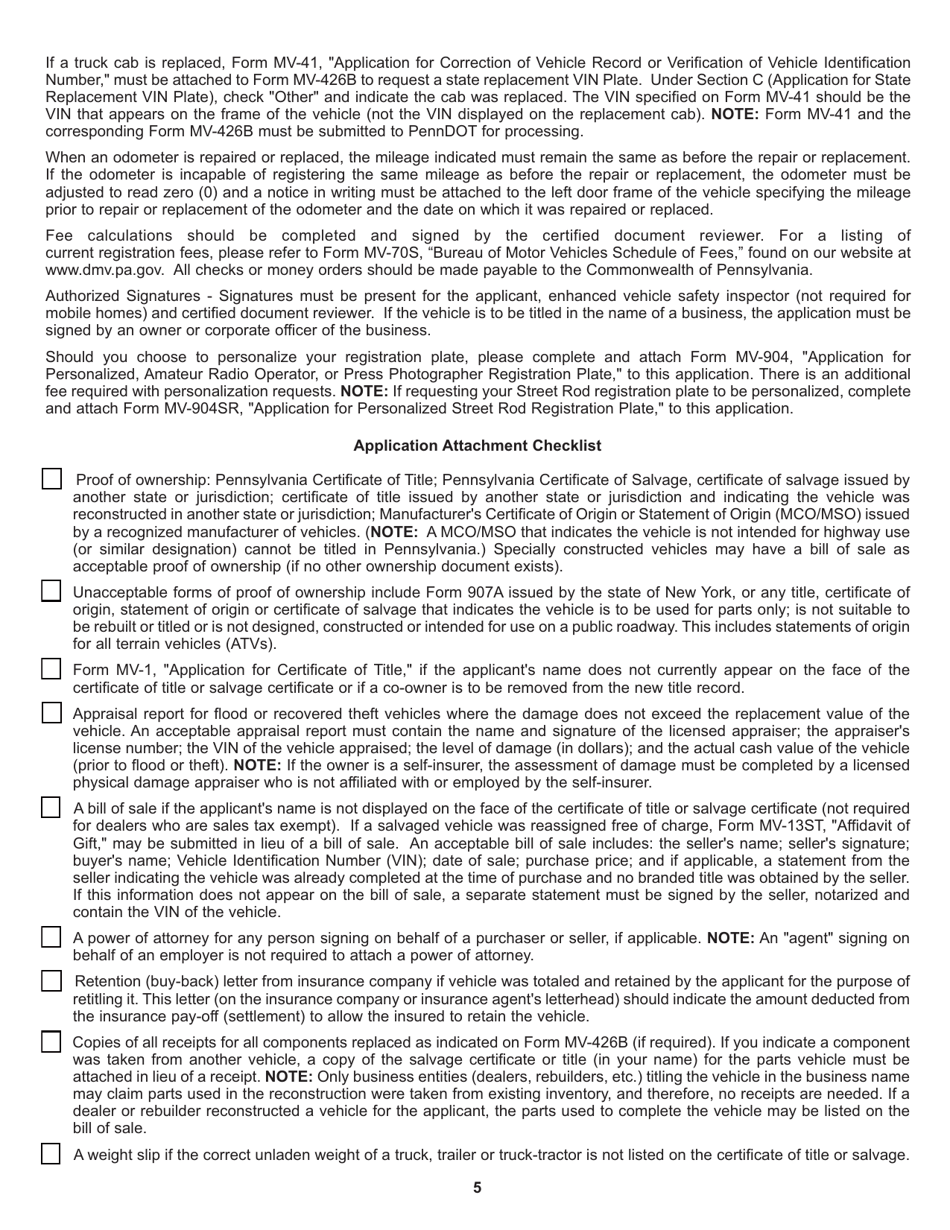 Form MV-426B Application for Reconstructed, Specially Constructed, Collectible, Modified, Flood, Recovered Theft Vehicles and Street Rods - Pennsylvania, Page 5
