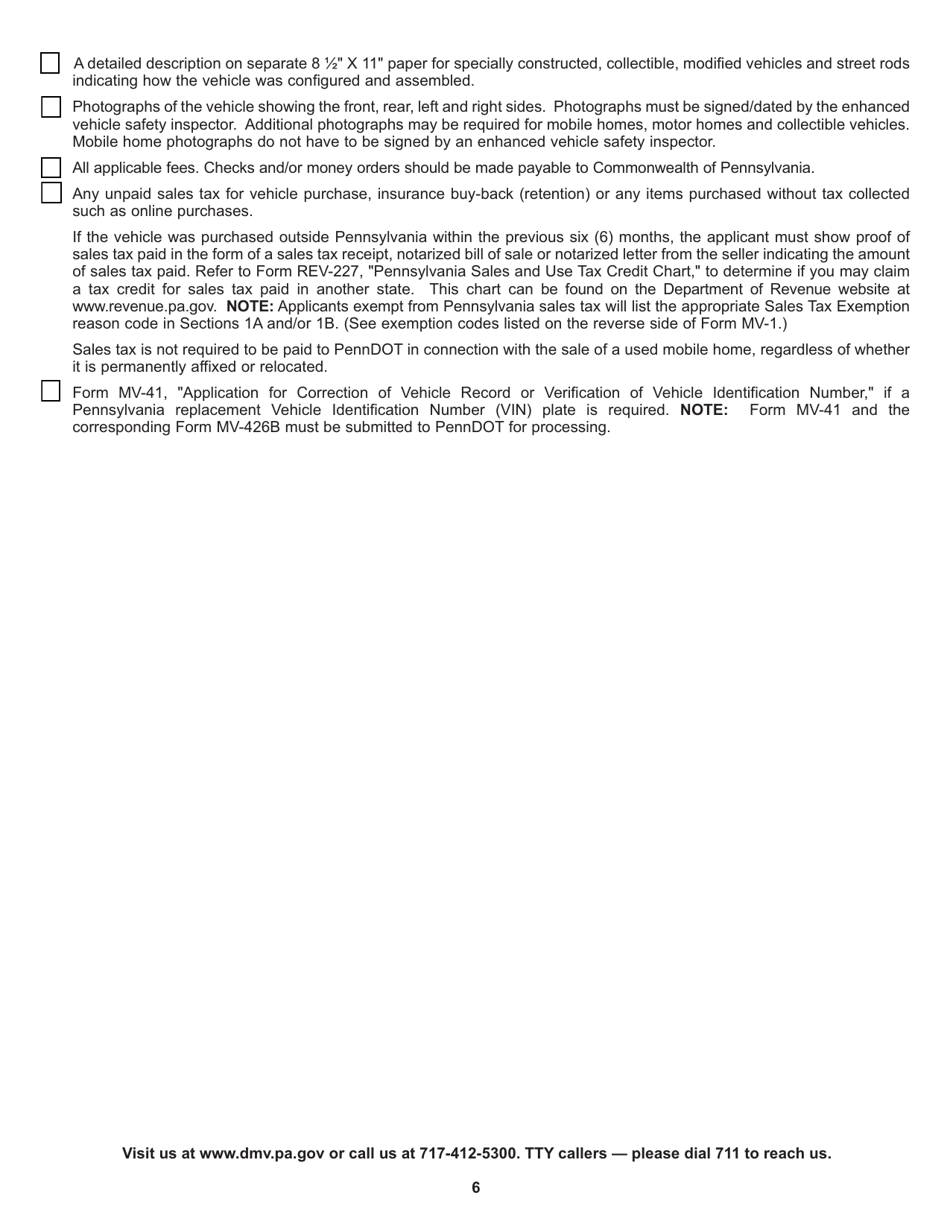 Form MV-426B Application for Reconstructed, Specially Constructed, Collectible, Modified, Flood, Recovered Theft Vehicles and Street Rods - Pennsylvania, Page 6