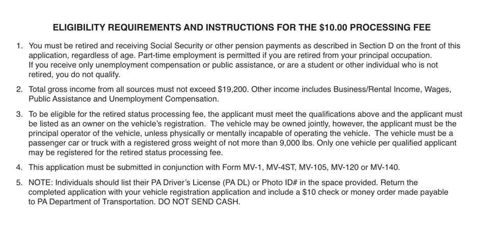Form MV-371 Application for a Retired Persons $10.00 Processing Fee on a Vehicle Registration - Pennsylvania, Page 2