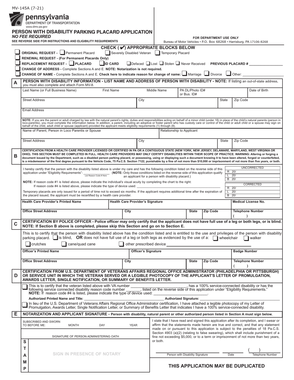 Form MV-145A Person With Disability Parking Placard Application - Pennsylvania, Page 1