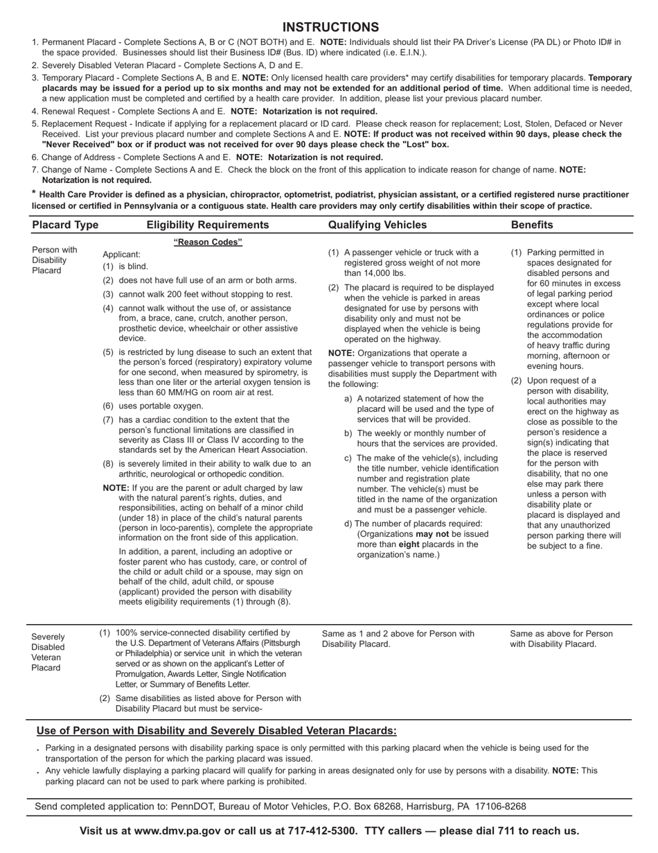 Form MV-145A Person With Disability Parking Placard Application - Pennsylvania, Page 2