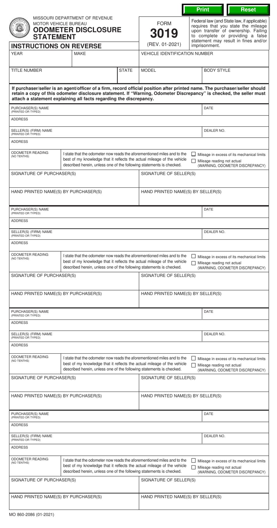 Form 3019 (MO860-2086) Odometer Disclosure Statement - Missouri, Page 1