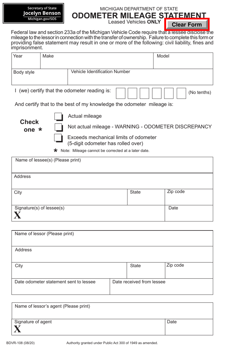 Form BDVR-108 Odometer Mileage Statement - Michigan, Page 2