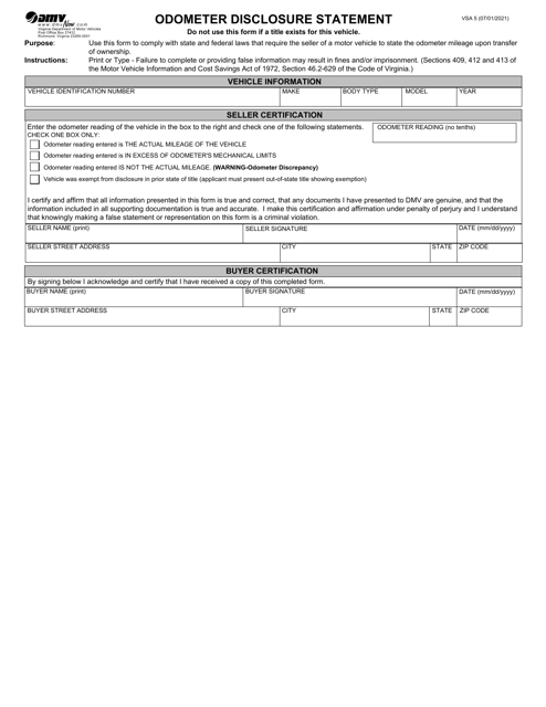 Form VSA5 Odometer Disclosure Statement - Virginia