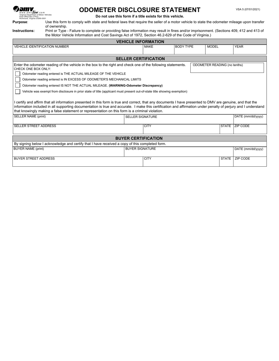 Form VSA5 Odometer Disclosure Statement - Virginia, Page 1