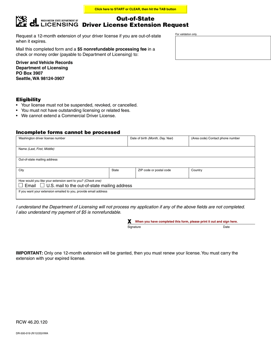 Form DR-500-019 Out-of-State Driver License Extension Request - Washington, Page 1