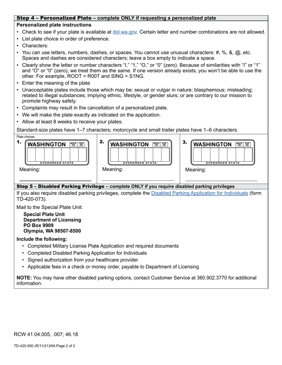 Form TD-420-500 Military License Plate Application - Washington, Page 2