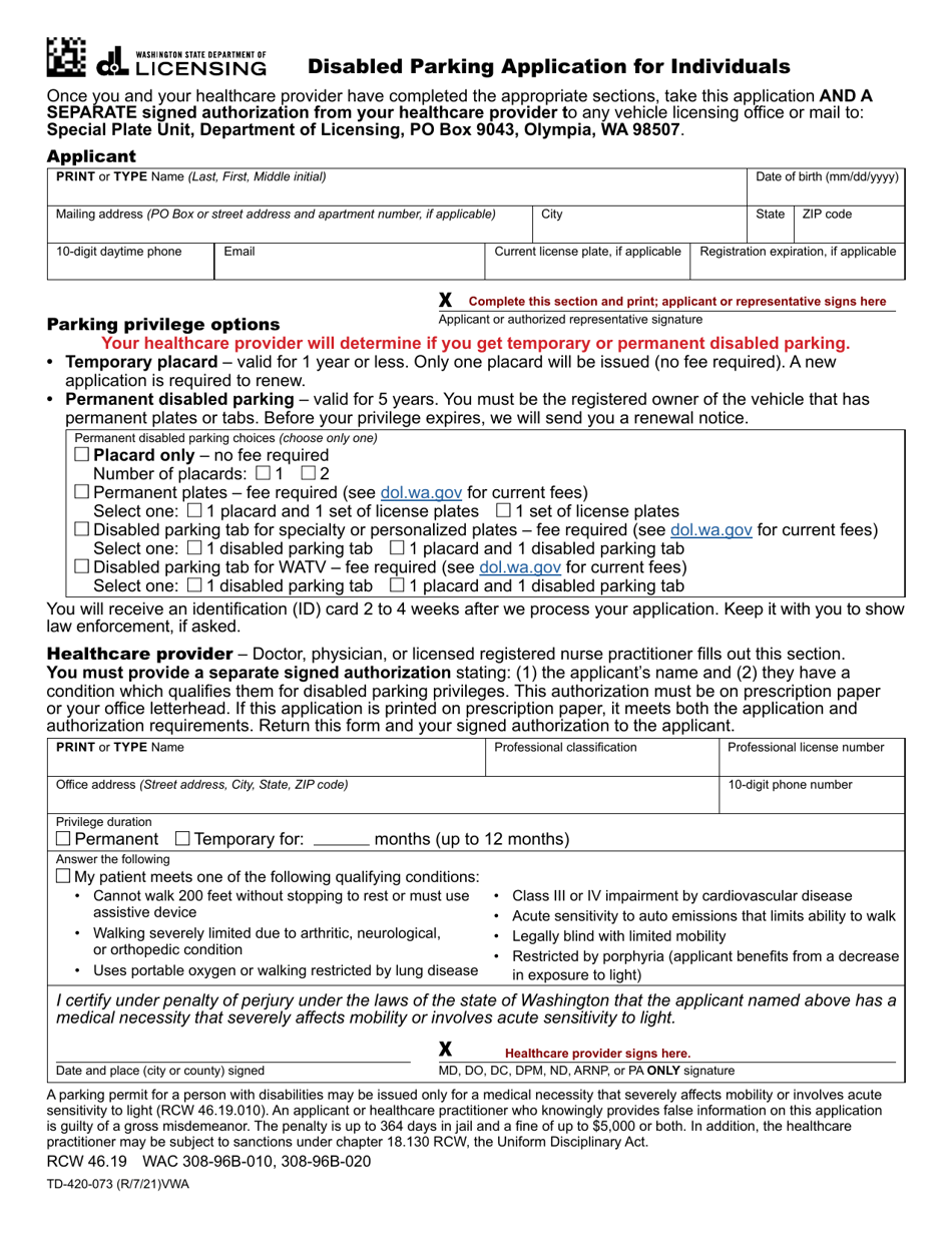 Form TD-420-073 Disabled Parking Application for Individuals - Washington, Page 1