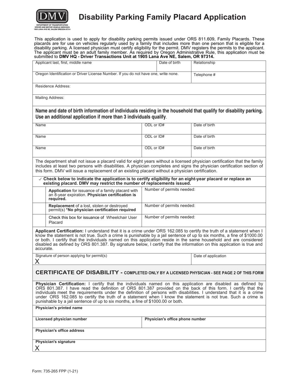Form 735-265 FPP Disability Parking Family Placard Application - Oregon, Page 1