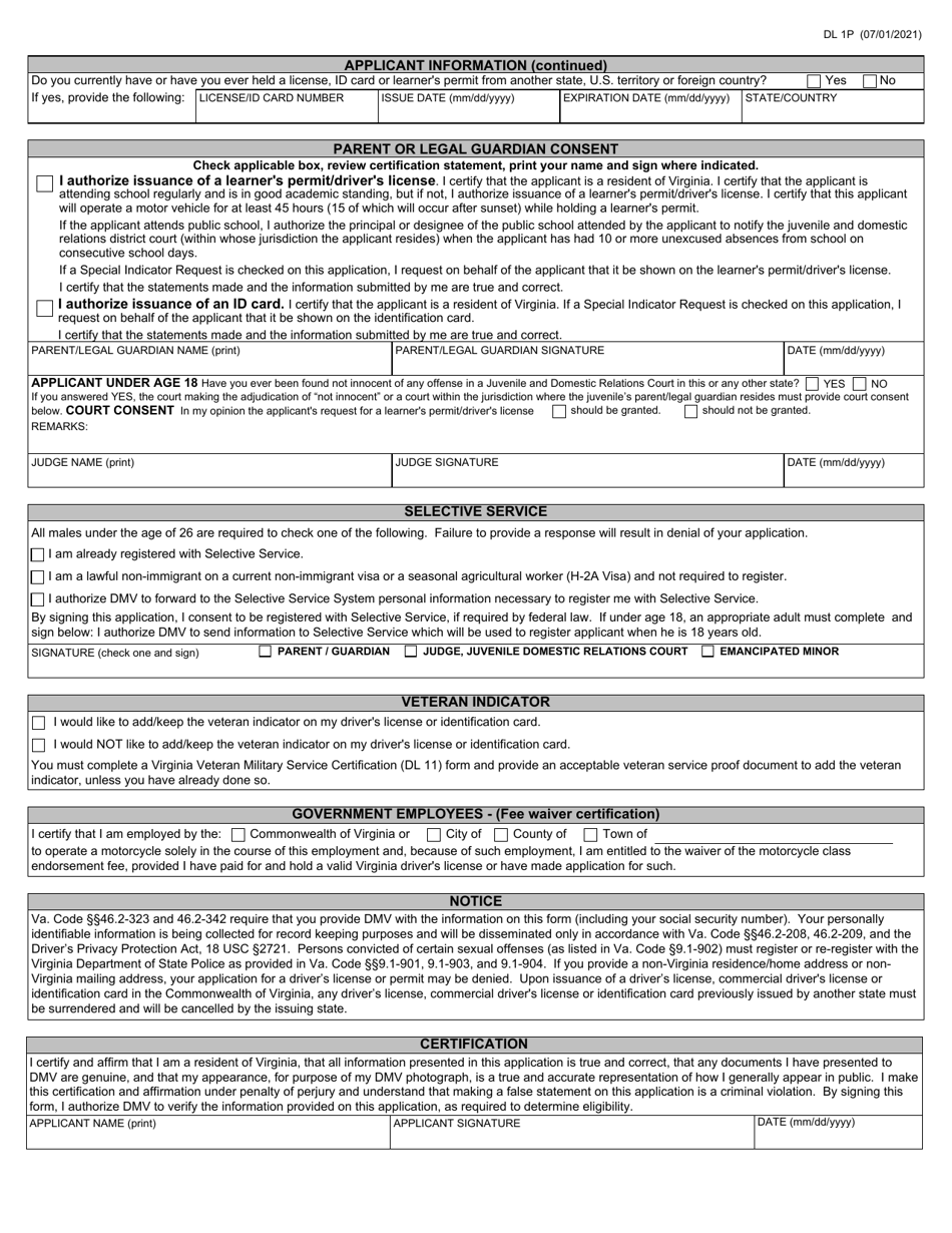 Form DL1P Drivers License and Identification Card Application - Virginia, Page 2