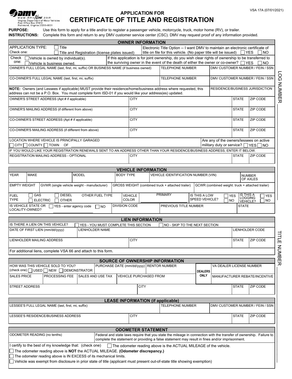 Form VSA17A Application for Certificate of Title and Registration - Virginia, Page 1
