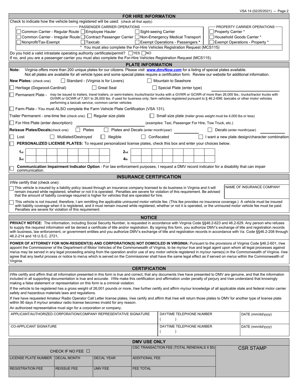 Form VSA14 Download Fillable PDF or Fill Online Vehicle Registration ...