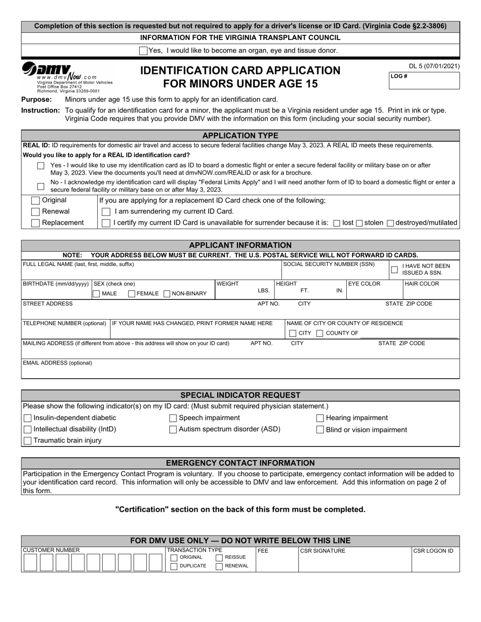 Form DL5 Identification Card Application for Minors Under Age 15 - Virginia, Page 1