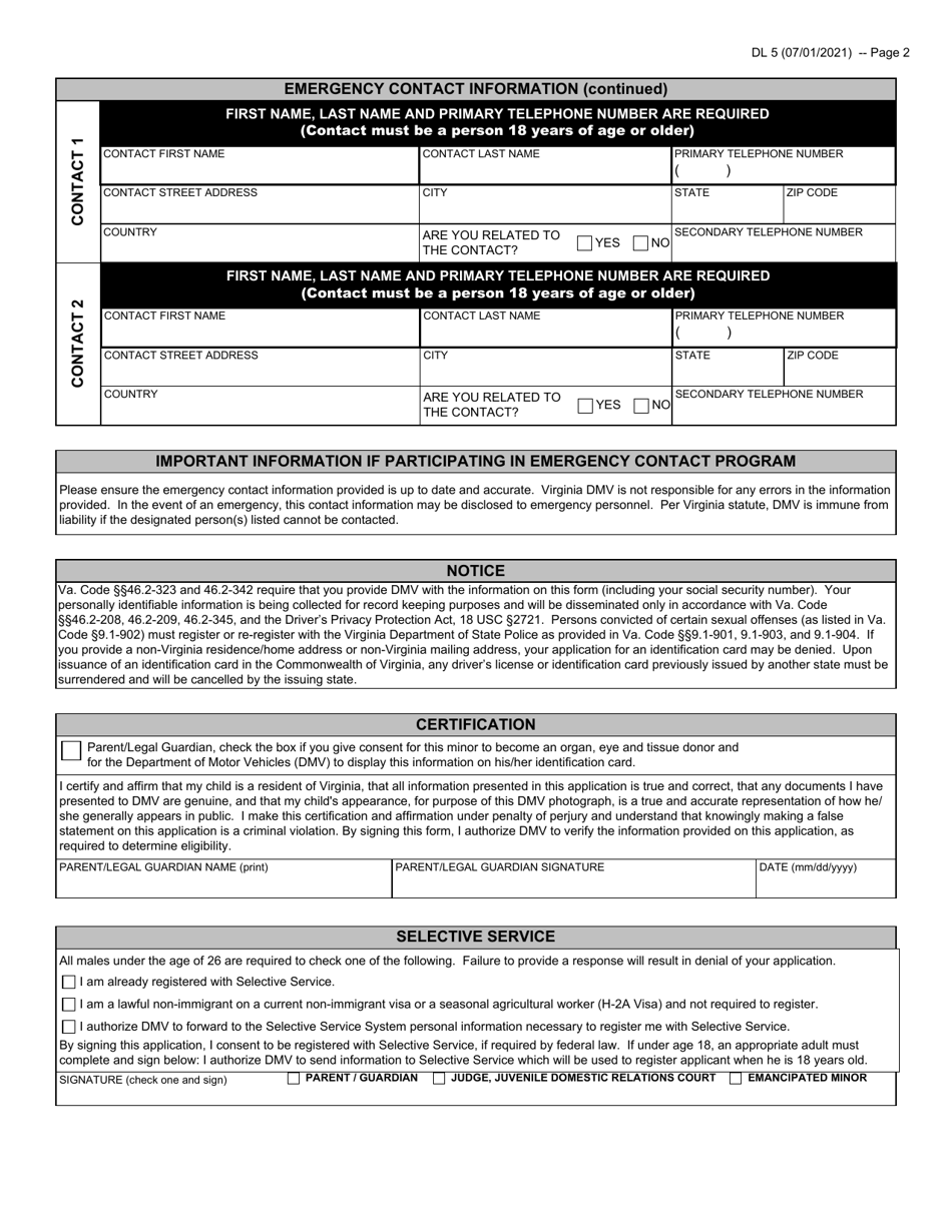 Form DL5 Identification Card Application for Minors Under Age 15 - Virginia, Page 2
