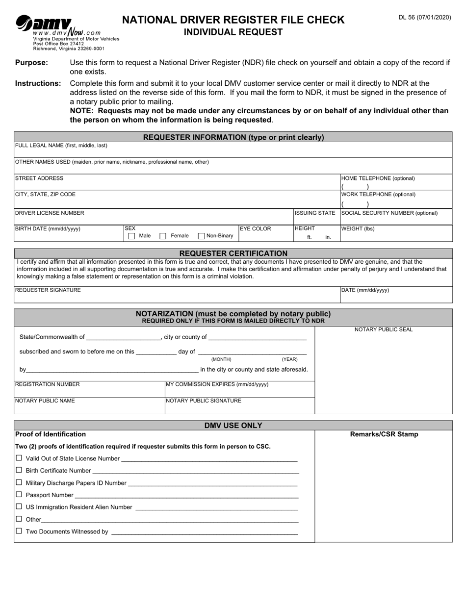 Form DL56 National Driver Register File Check - Individual Request - Virginia, Page 1