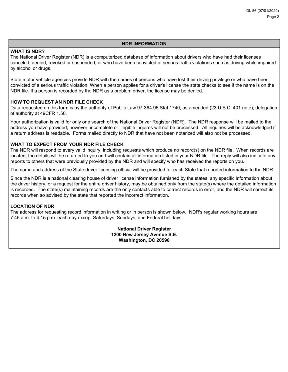 Form DL56 National Driver Register File Check - Individual Request - Virginia, Page 2