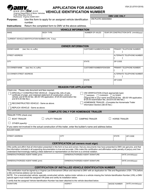 Form VSA22 Application for Assigned Vehicle Identification Number - Virginia