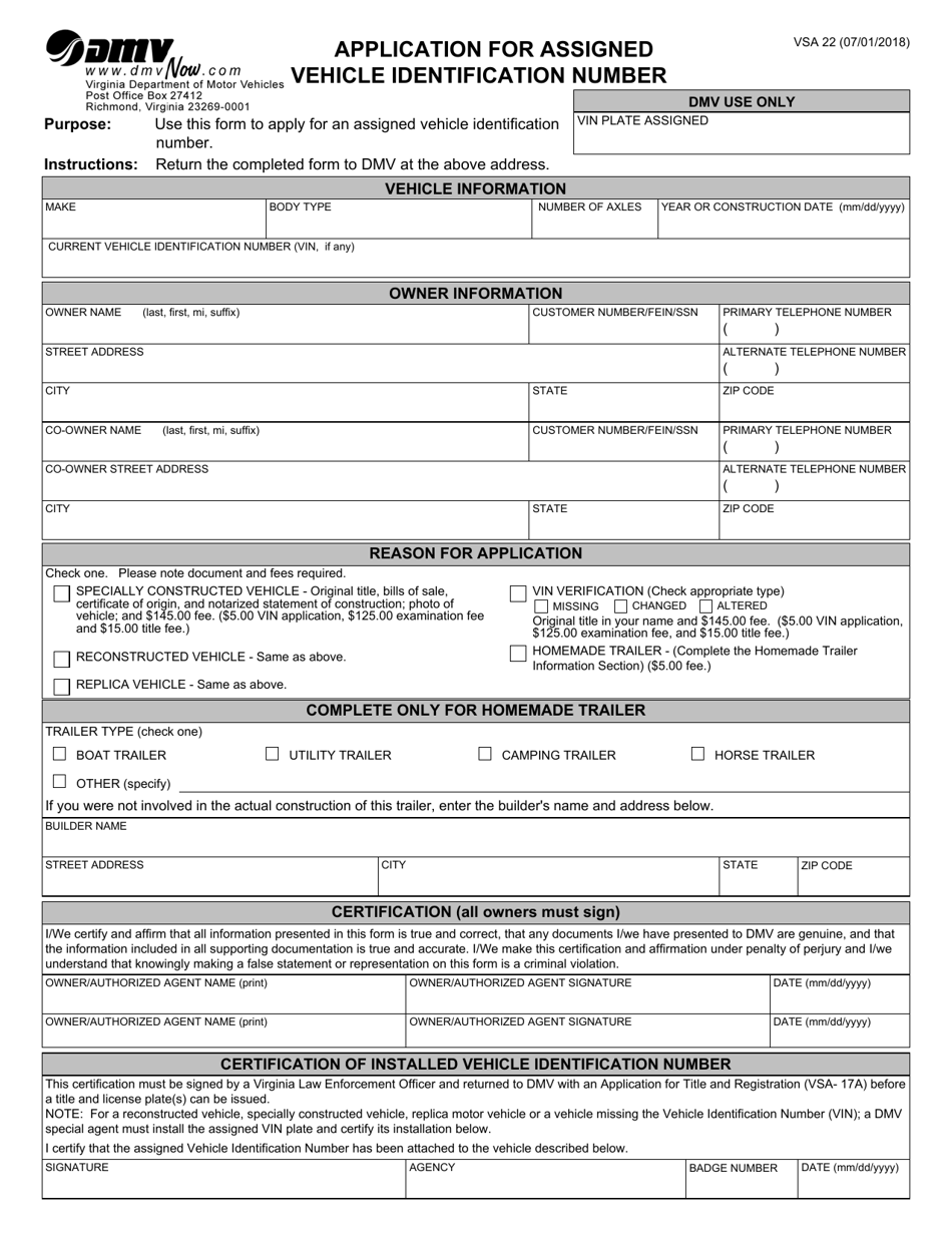 Form VSA22 Application for Assigned Vehicle Identification Number - Virginia, Page 1