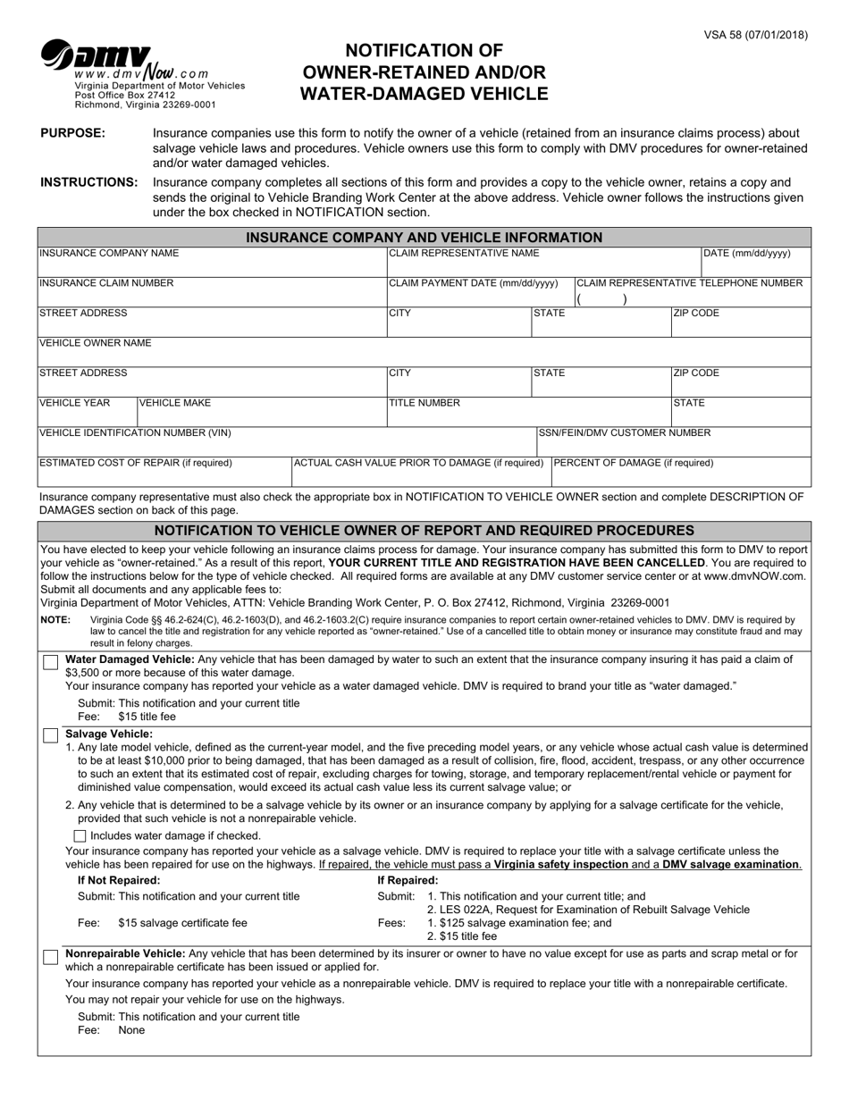 Form VSA58 Notification of Owner-Retained and / or Water-Damaged Vehicle - Virginia, Page 1