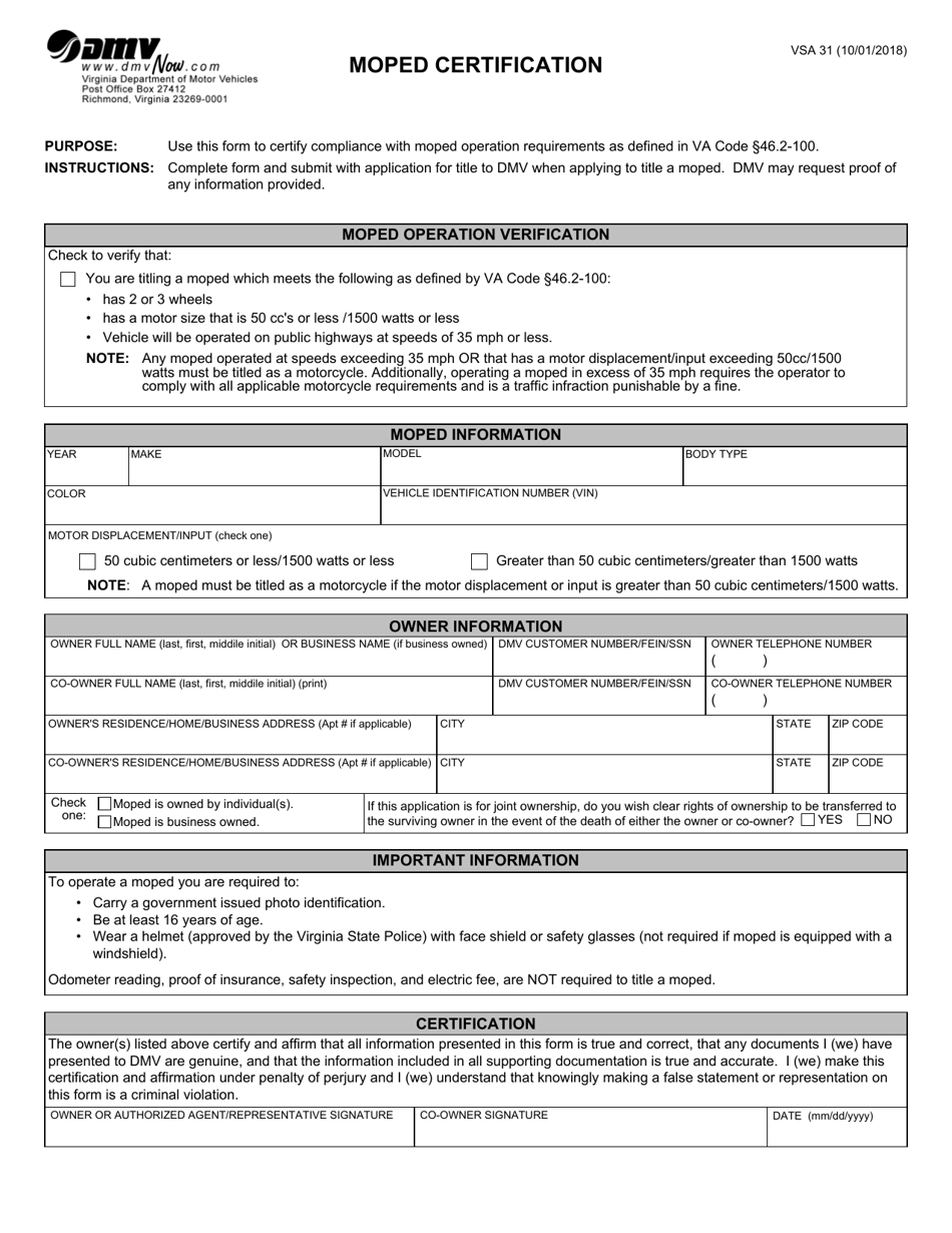 Form VSA31 Moped Certification - Virginia, Page 1