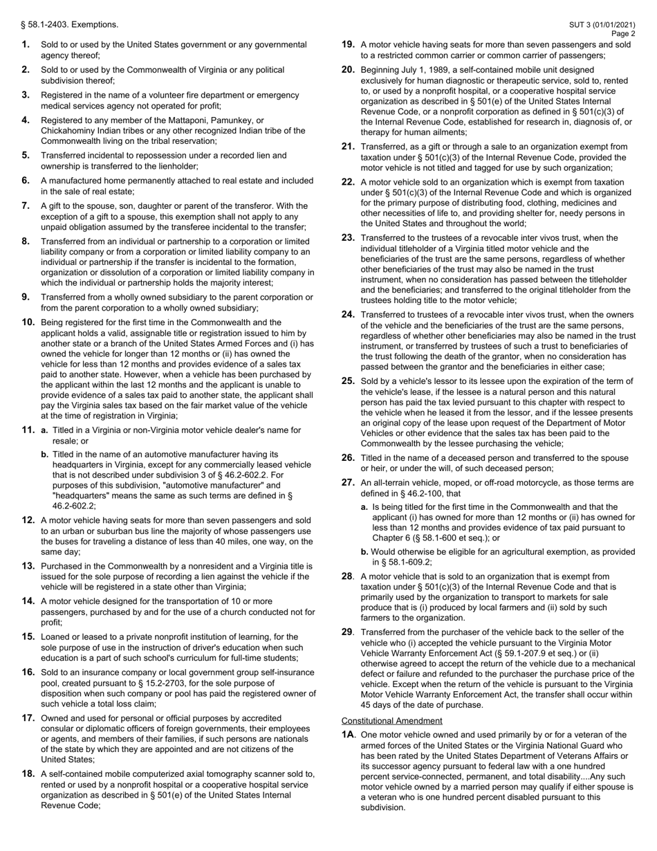 Form SUT3 Purchasers Statement of Tax Exemption - Virginia, Page 2