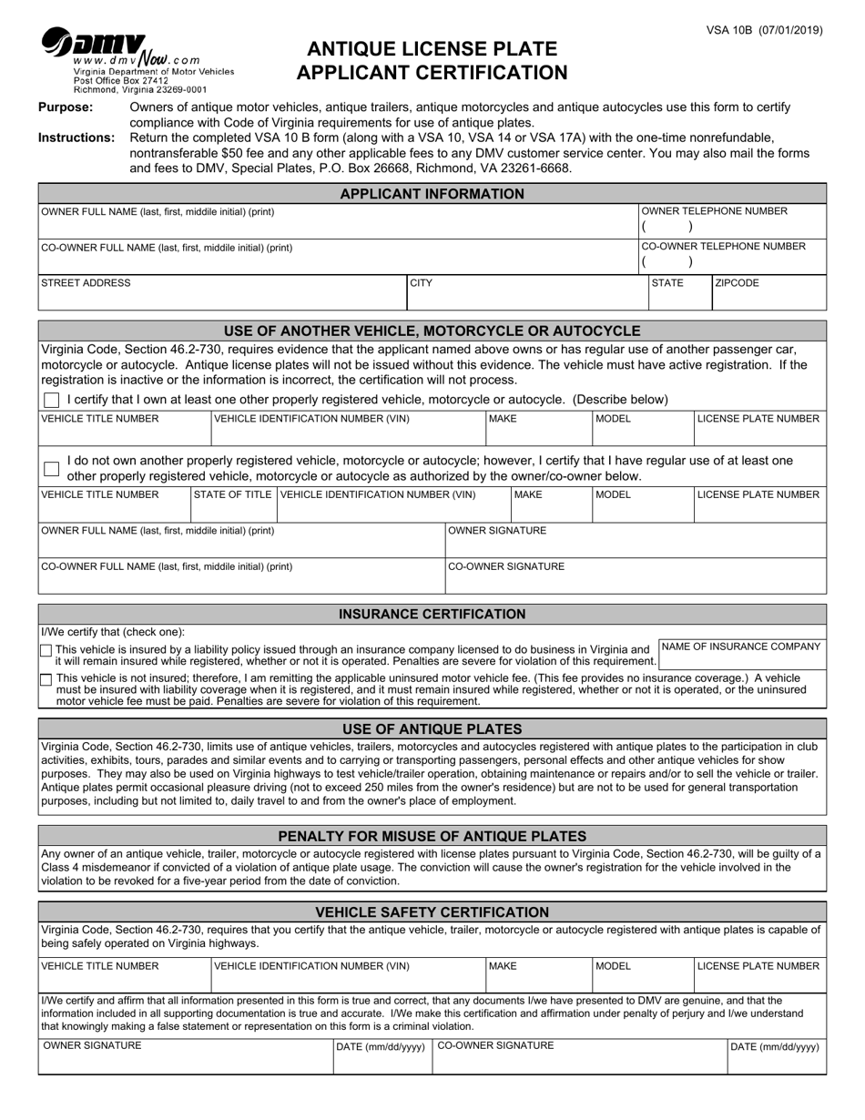 Form VSA10B Download Fillable PDF or Fill Online Antique License Plate ...