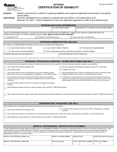 Form VSA54 Veteran Certification of Disability - Virginia