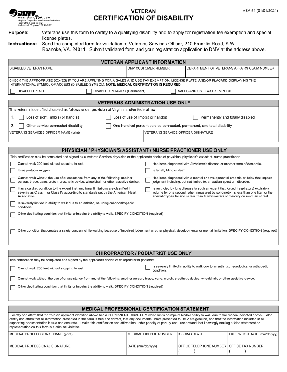 Form VSA54 Veteran Certification of Disability - Virginia, Page 1