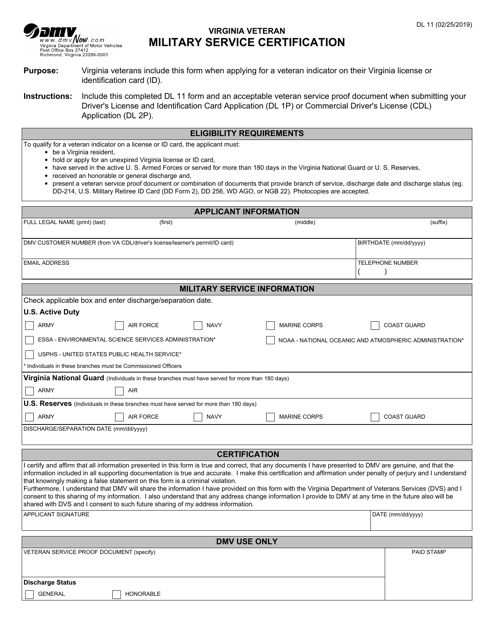 Form DL11 Virginia Veteran Military Service Certification - Virginia