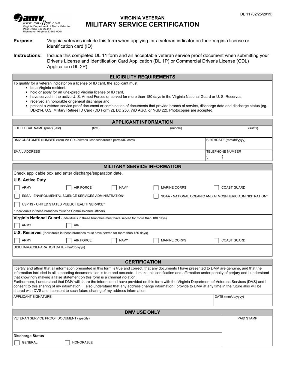 Form DL11 Virginia Veteran Military Service Certification - Virginia, Page 1
