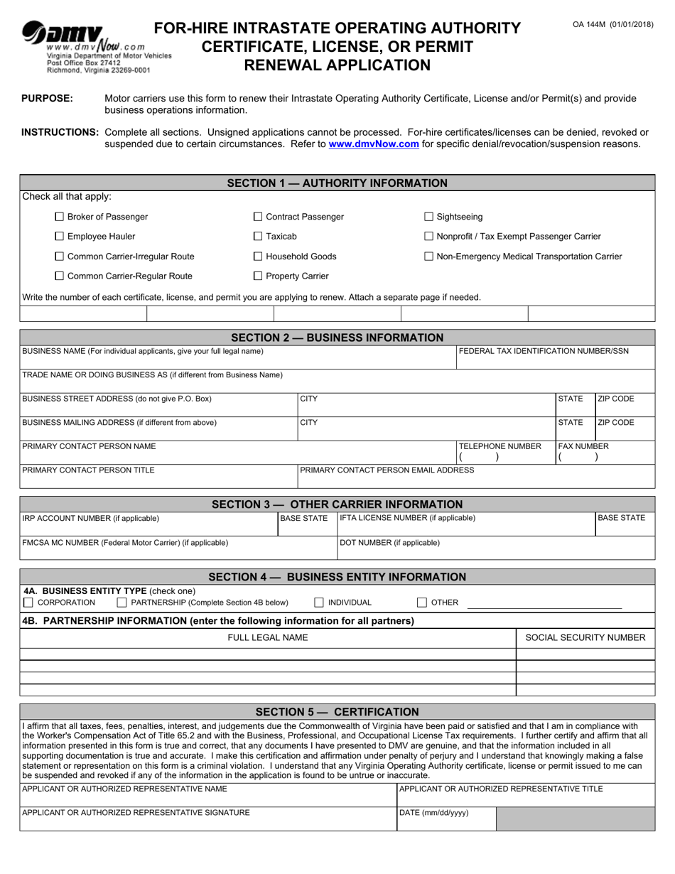 Form OA144M Download Fillable PDF or Fill Online ForHire Intrastate