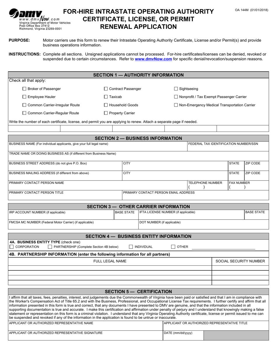Form OA144M For-Hire Intrastate Operating Authority Certificate, License, or Permit Renewal Application - Virginia, Page 1