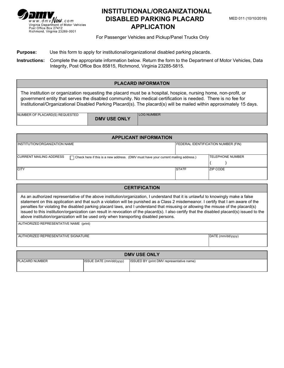 Form MED011 Institutional / Organizational Disabled Parking Placard Application - Virginia, Page 1