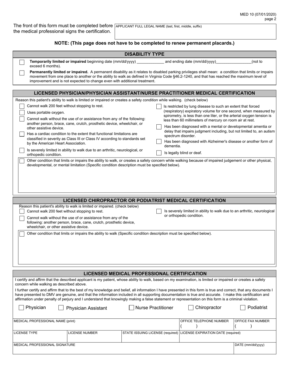 Form MED10 Disabled Parking Placard or License Plates Application - Virginia, Page 2