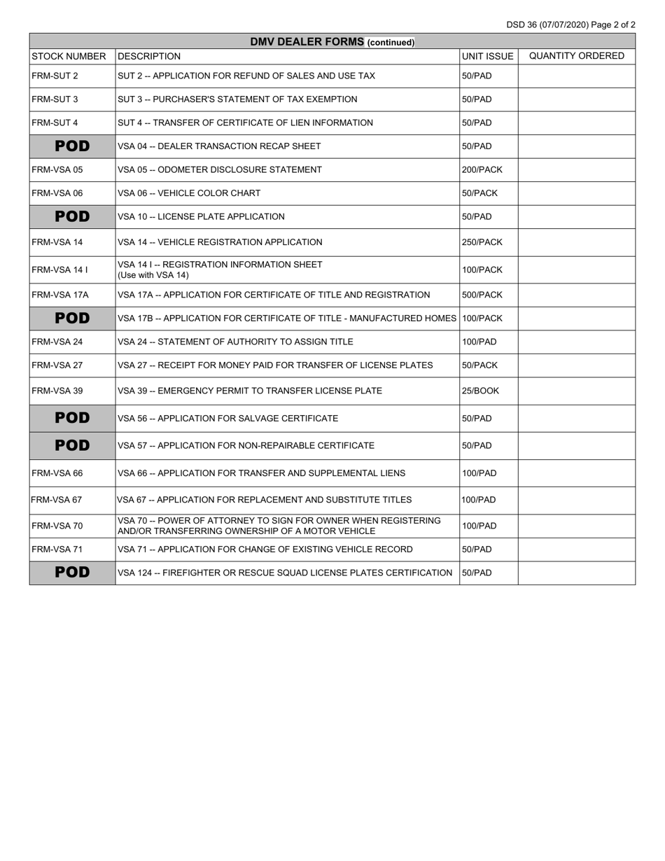 Form DSD36 Dealer Request for DMV Forms - Virginia, Page 2